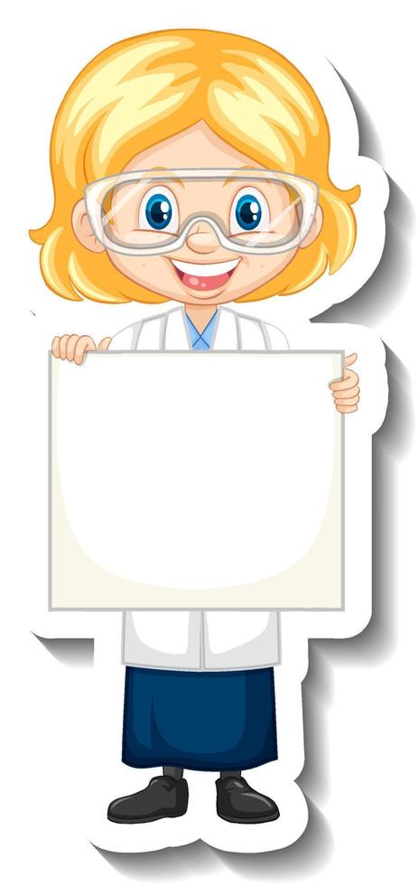 Scientist girl holding empty board in sticker style vector