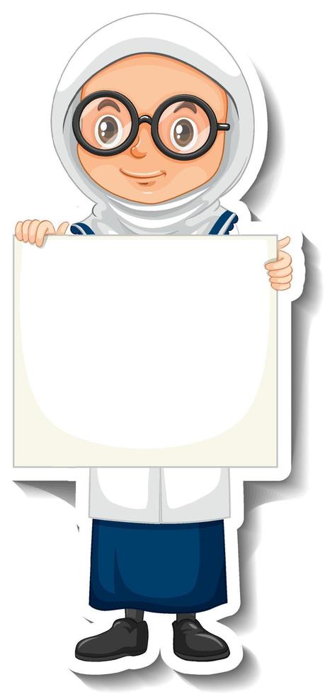 Scientist muslim girl holding empty board in sticker style vector
