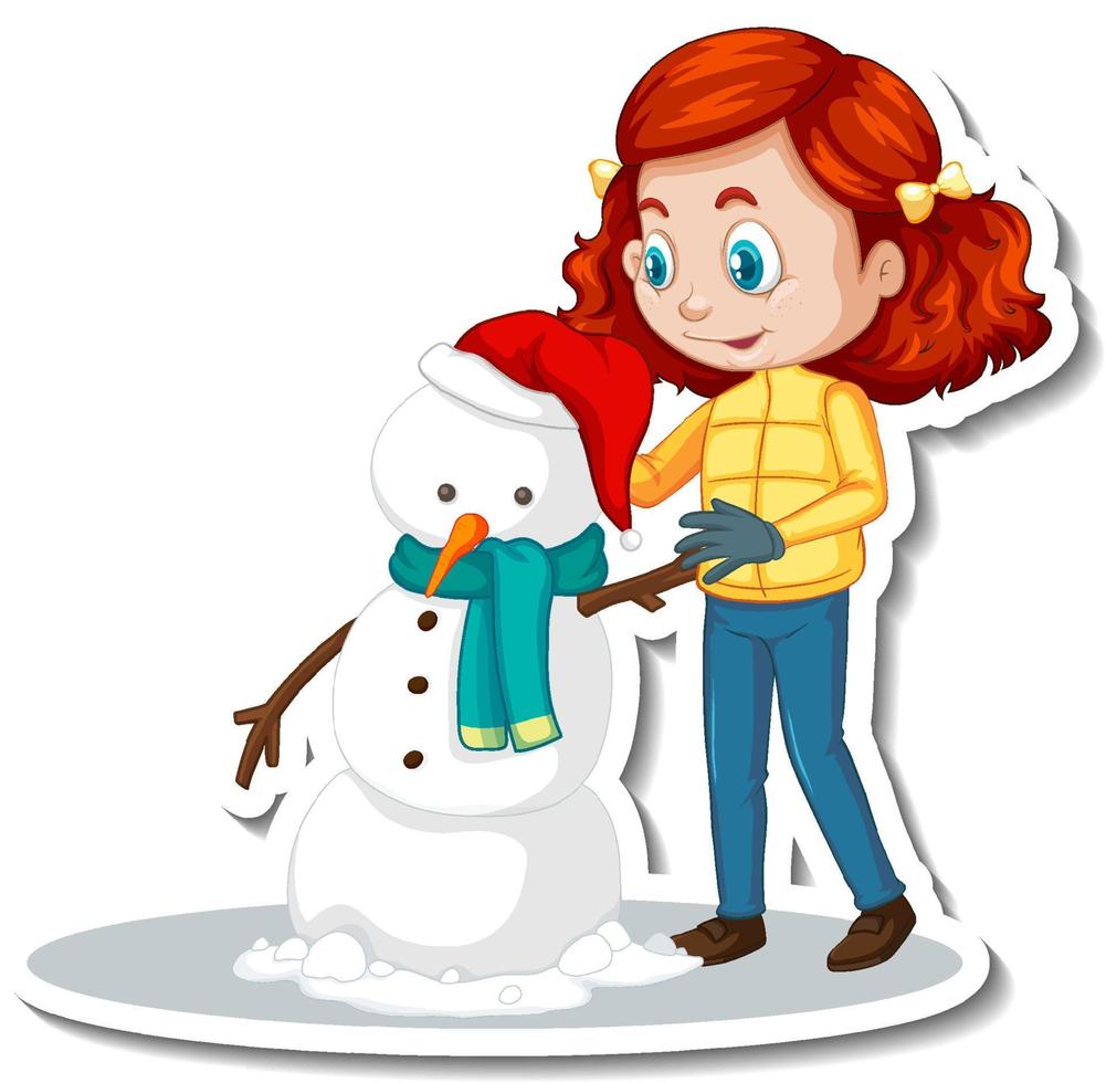 A girl building a snowman cartoon character sticker vector