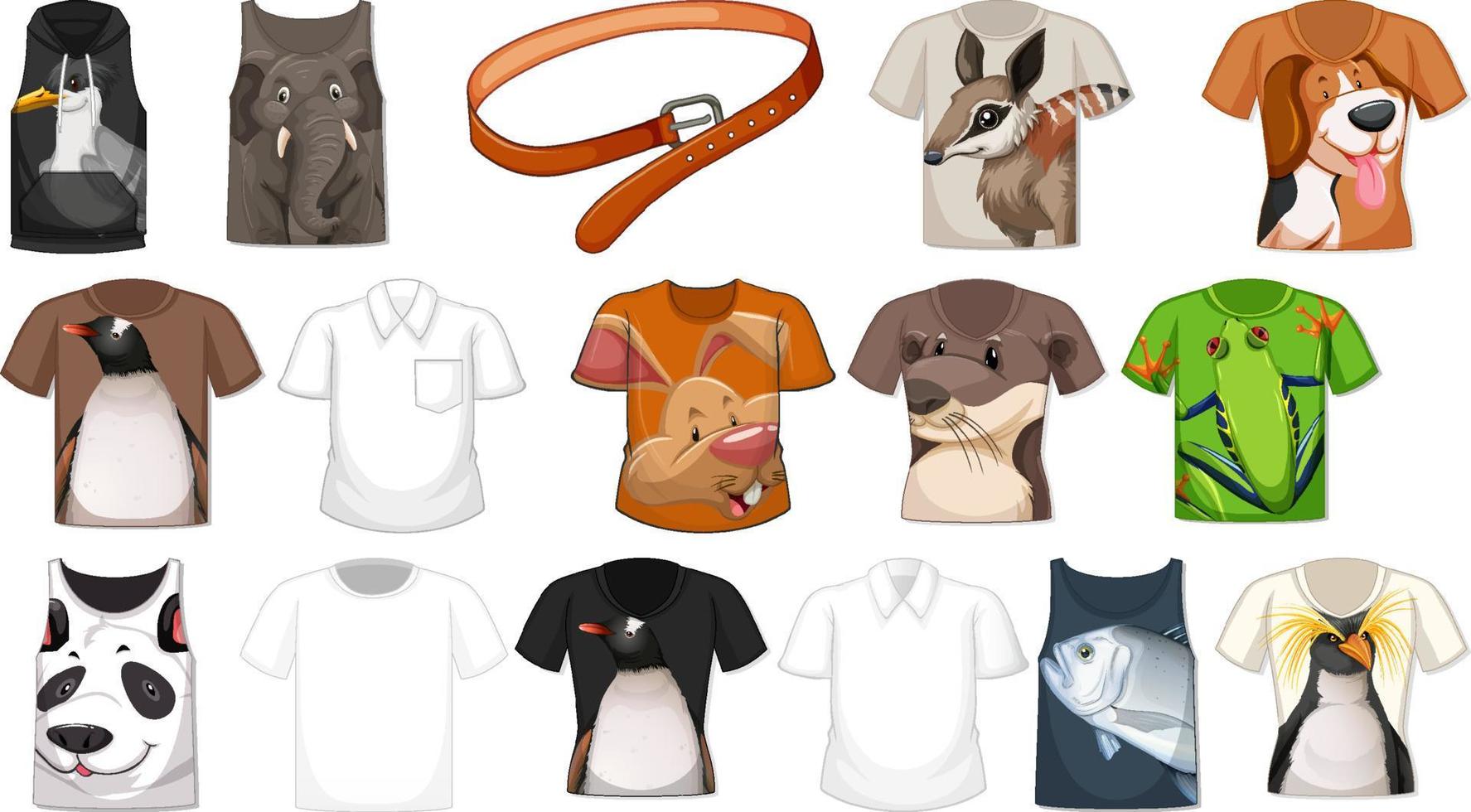 conjunto de diferentes camisetas y accesorios con estampados de animales. vector