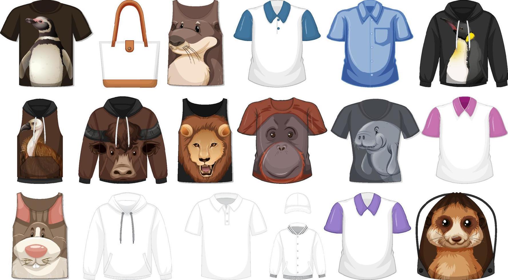 conjunto de diferentes camisetas y accesorios con estampados de animales. vector