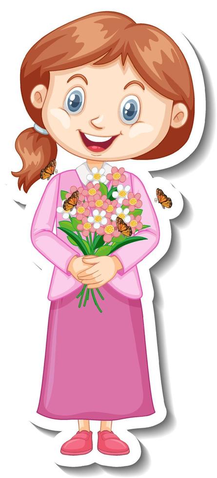 una niña con personaje de dibujos animados de ramo de flores vector