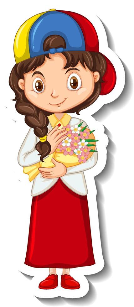 una niña con personaje de dibujos animados de ramo de flores vector