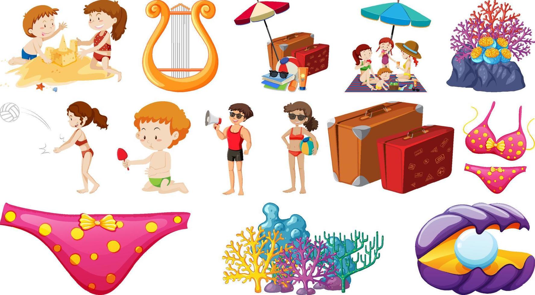 conjunto de objetos de playa de verano y personajes de dibujos animados vector