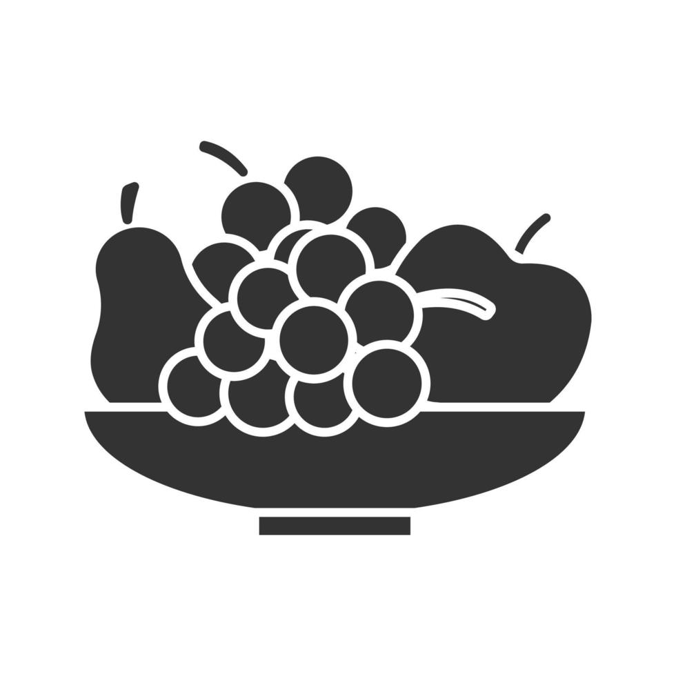 Bowl with fruit glyph icon. Still life. Silhouette symbol. Harvest. Pear, apple, bunch of grapes. Negative space. Vector isolated illustration