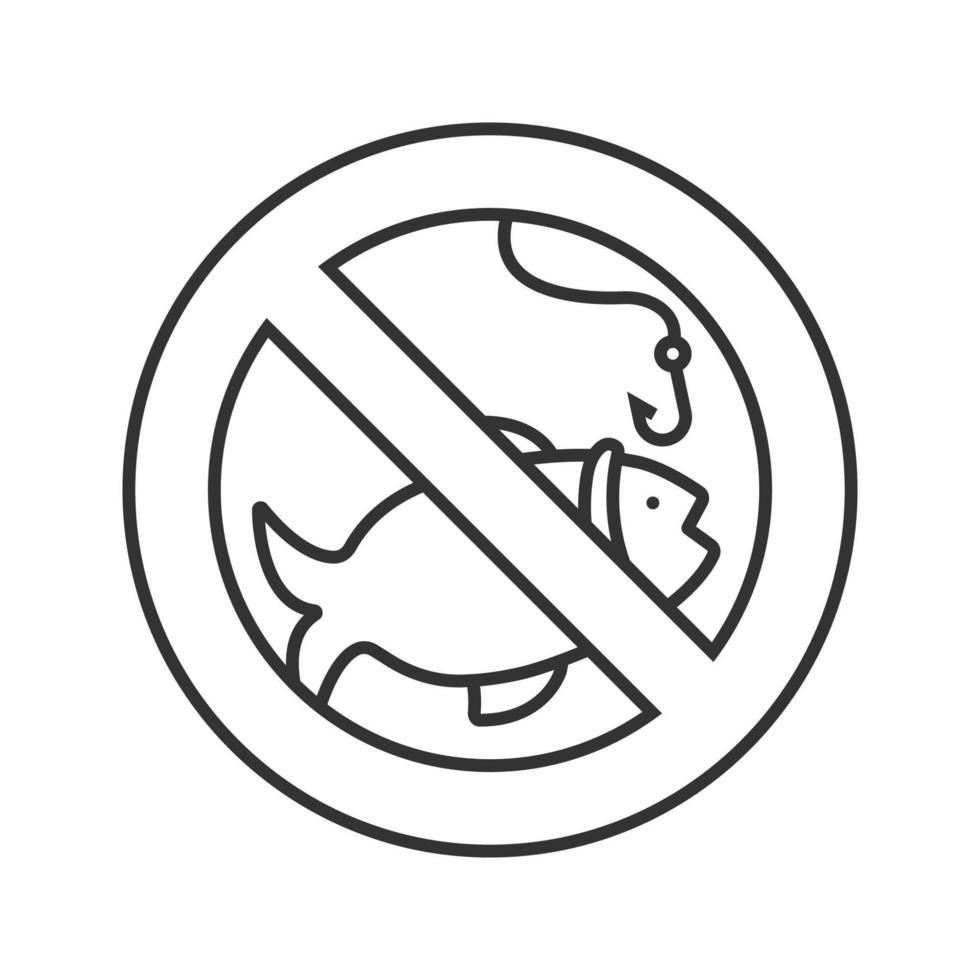 Forbidden sign with fish linear icon. Thin line illustration. No fishing prohibition. Stop contour symbol. Vector isolated outline drawing