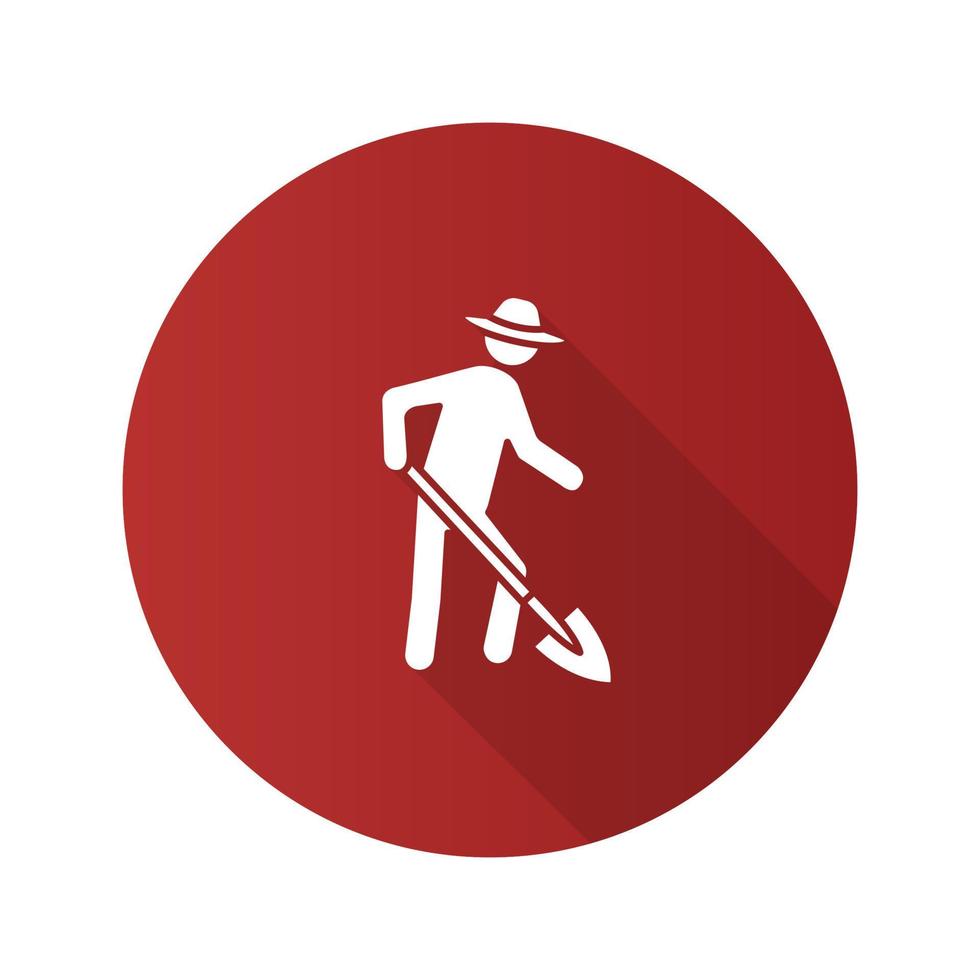 Farmer working with shovel flat design long shadow glyph icon. Agricultural worker. Vector silhouette illustration