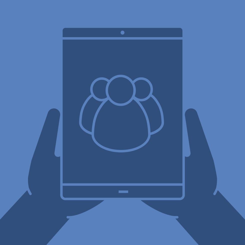 Hands holding tablet computer glyph color icon. User group. Social networks. Silhouette symbol. Tablet computer with group of people. Negative space. Vector isolated illustration