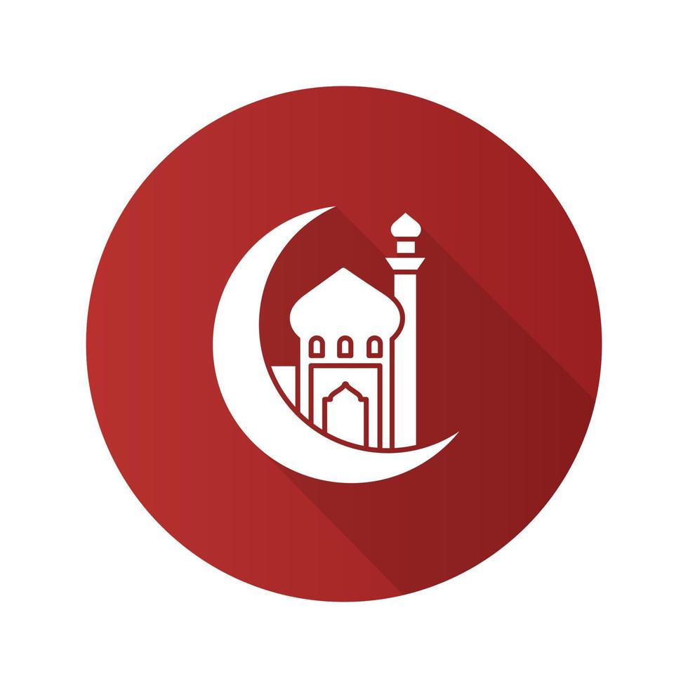 Mosque with ramadan moon flat design long shadow glyph icon. Vector silhouette illustration