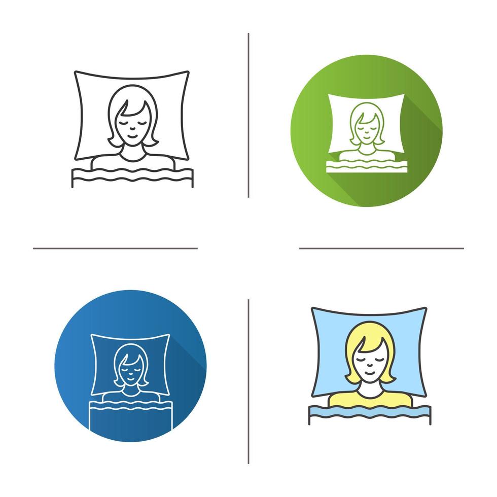 Woman sleeping in bed icon. Flat design, linear and color styles. Night rest. Isolated vector illustrations