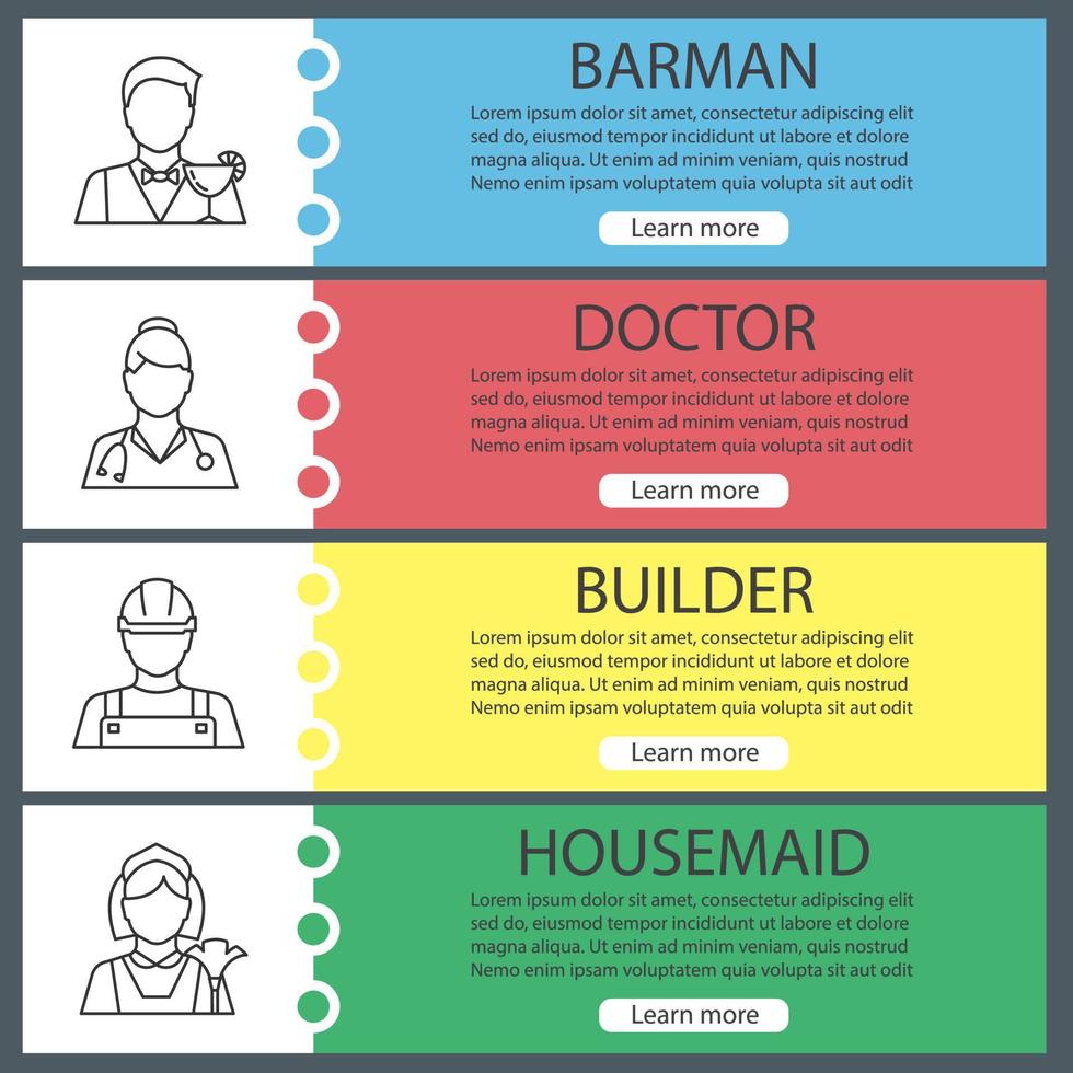 Professions web banner templates set. Housemaid, builder, doctor, barman. Website color menu items with linear icons. Vector headers design concepts