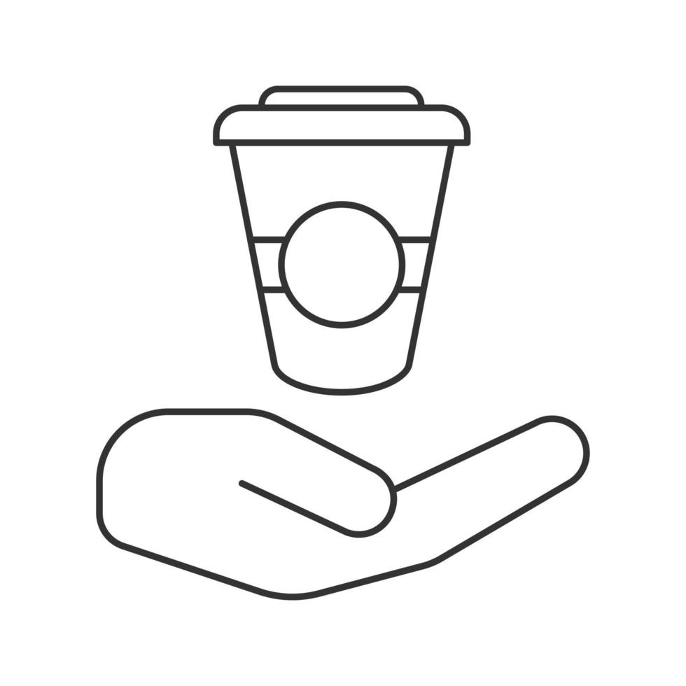 Open hand with paper cup linear icon. Free coffee, tea to go. Thin line illustration. Hot drinks. Contour symbol. Vector isolated outline drawing