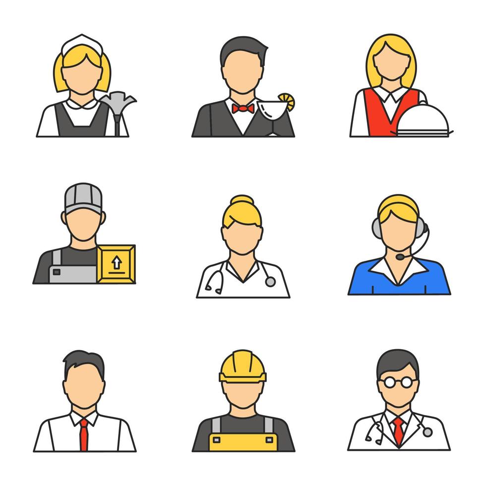 Professions color icons set. Maid, barman, waitress, loader man, courier, doctor, call center operator, office worker, builder. Isolated vector illustrations