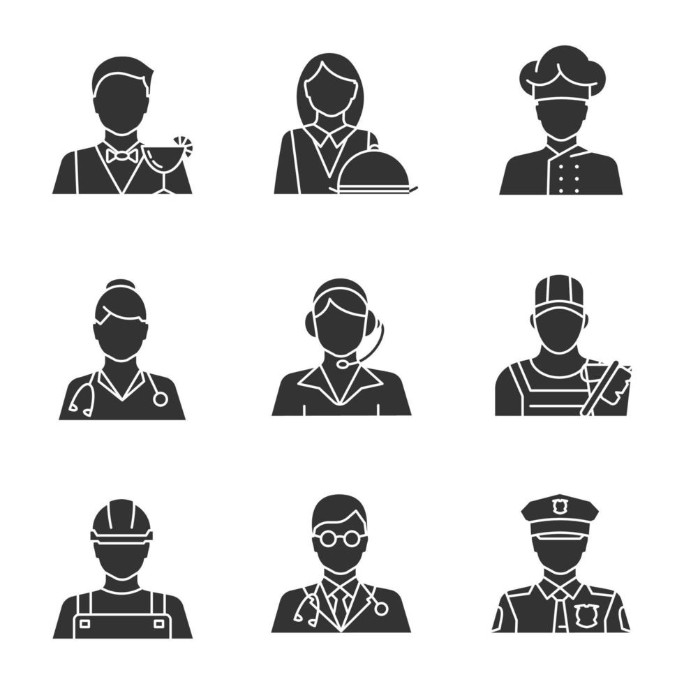 Professions glyph icons set. Occupations. Doctor, call center operator, cook, policeman, builder, cleaner, barman, waitress. Silhouette symbols. Vector isolated illustration