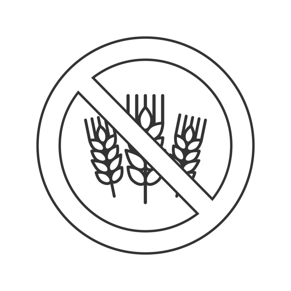 Forbidden sign with wheat ears linear icon. Thin line illustration. Gluten free. Stop contour symbol. Vector isolated outline drawing