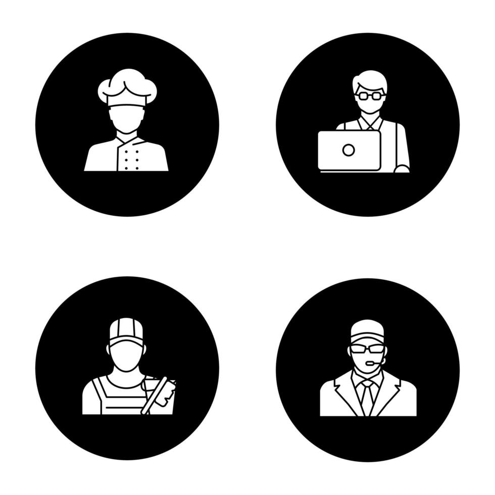 Professions glyph icons set. Occupations. Bodyguard, cleaner, IT technologist, freelancer, cook. Vector white silhouettes illustrations in black circles