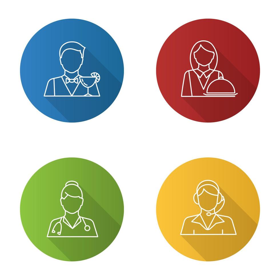 Professions flat linear long shadow icons set. Occupations. Doctor, call center operator, barman, waitress. Vector outline illustration