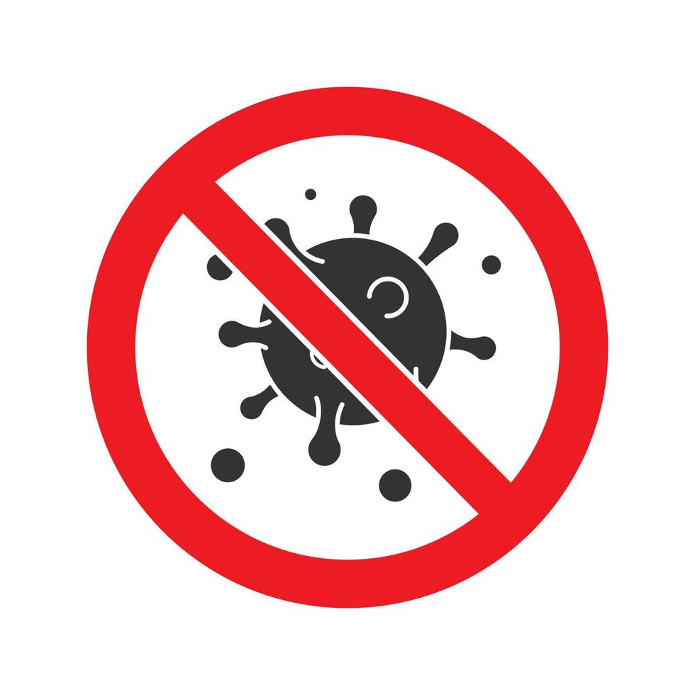 Señal de prohibido con el icono de glifo de partículas de virus. detener el símbolo de la silueta. inmunidad antiviral. espacio negativo. vector ilustración aislada