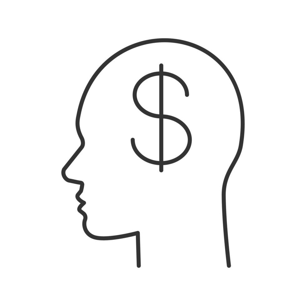 cabeza humana con signo de dólar dentro del icono lineal. Idea de negocio. Ilustración de línea fina. dinero en mente. símbolo de contorno. dibujo de contorno aislado vectorial vector