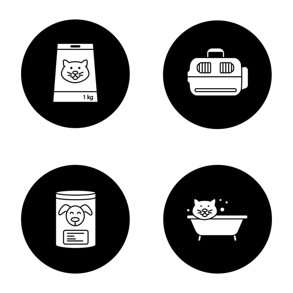 mascotas suministros conjunto de iconos de glifos. comida enlatada para mascotas, gato de baño, transportador de animales domésticos. ilustraciones de siluetas blancas vectoriales en círculos negros vector