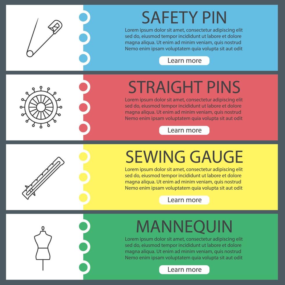 Adaptación de conjunto de plantillas de banner web. alfileres de seguridad y rectos, calibre de costura, maniquí. elementos del menú de color del sitio web con iconos lineales. conceptos de diseño de encabezados vectoriales vector