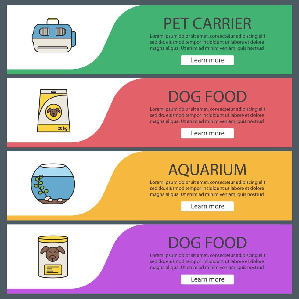 Pets supply web banner templates set. Animal carrier, canned dog food, aquarium. Website color menu items. Vector headers design concepts