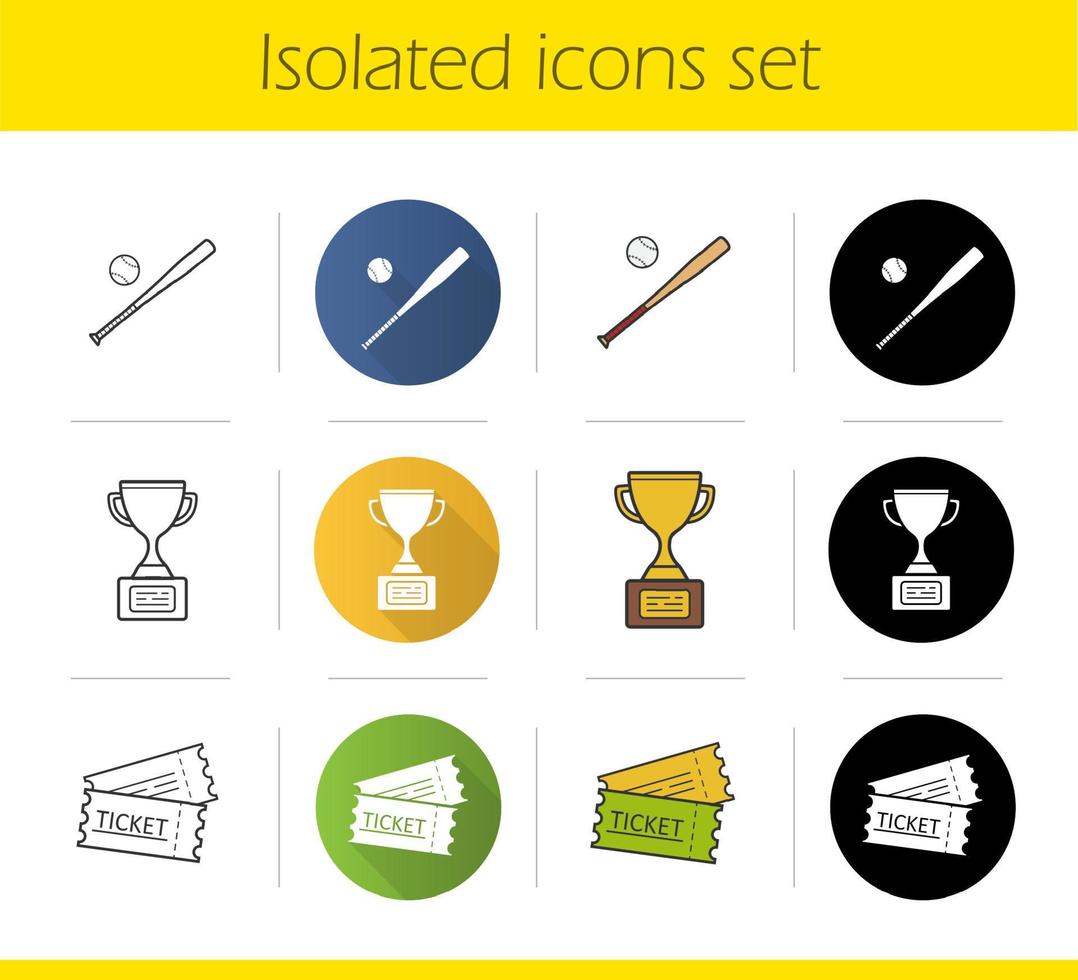 Baseball icons set. Flat design, linear, black and color styles. Softball bat and ball, game tickets, winner's gold cup. Isolated vector illustrations