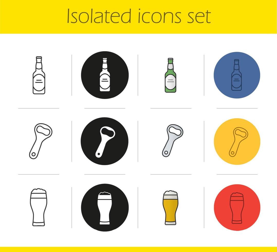 Beer icons set. Linear, black and color styles. Beer glass, bottle and opener. Isolated vector illustrations