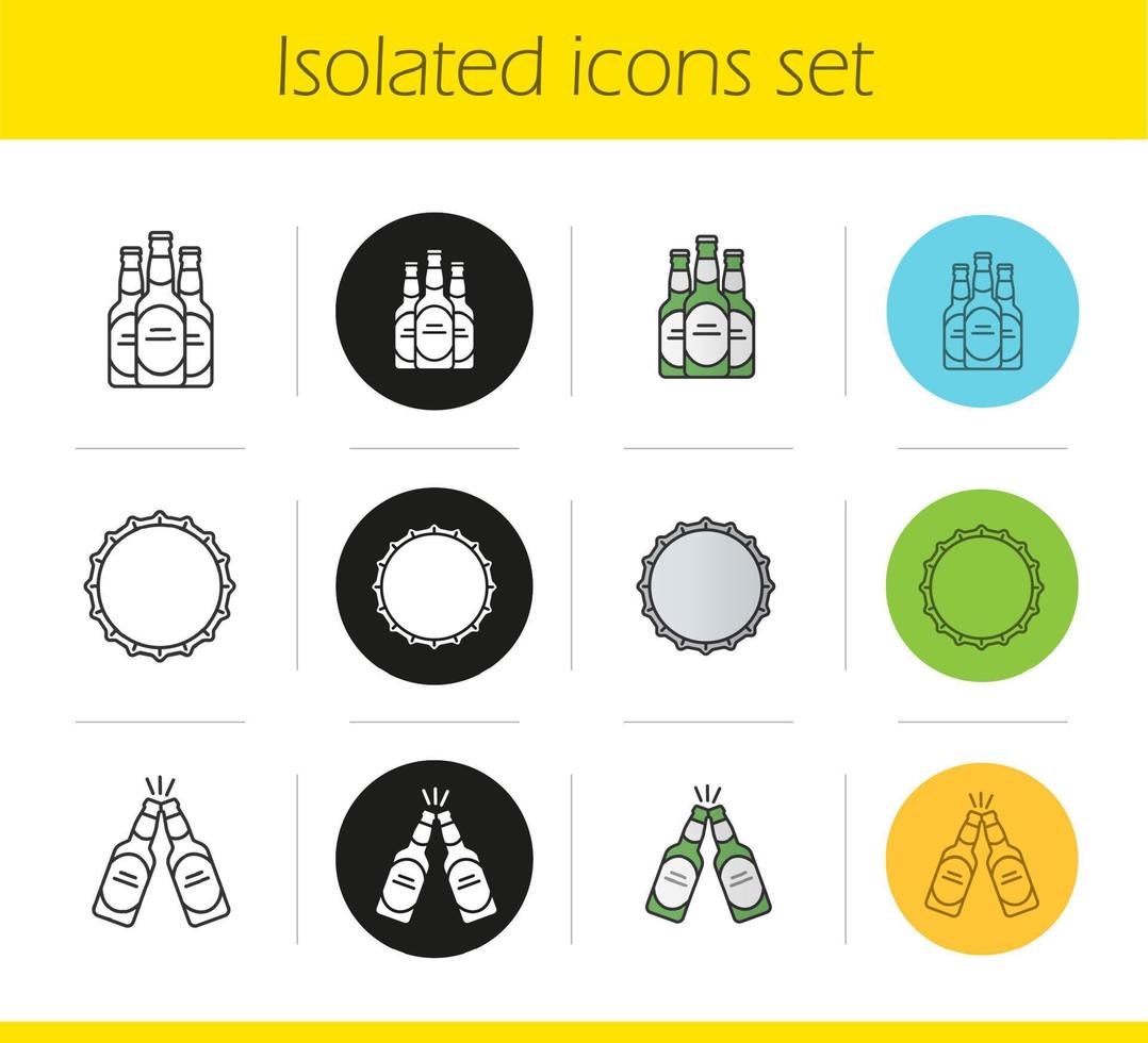 Beer icons set. Linear, black and color styles. Toasting beer bottles, bottle cap. Isolated vector illustrations