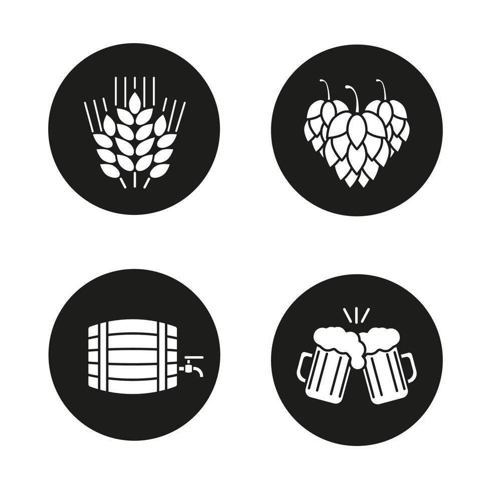 Beer icons set. Hop cones, wheat ears, toasting beer glasses, alcohol wooden barrel. Vector white silhouettes illustrations in black circles