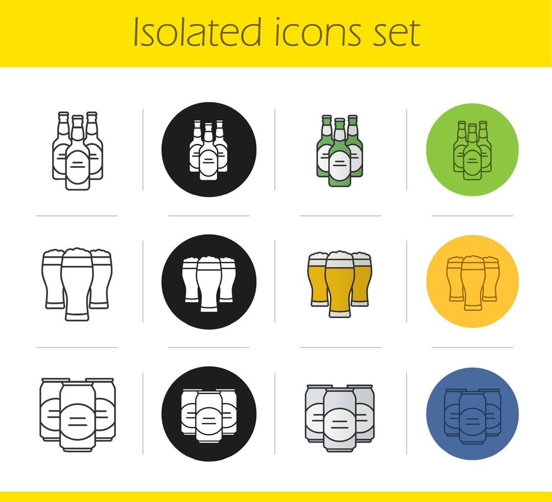 Beer icons set. Linear, black and color styles. Beer bottles, full foamy glasses and cans. Isolated vector illustrations