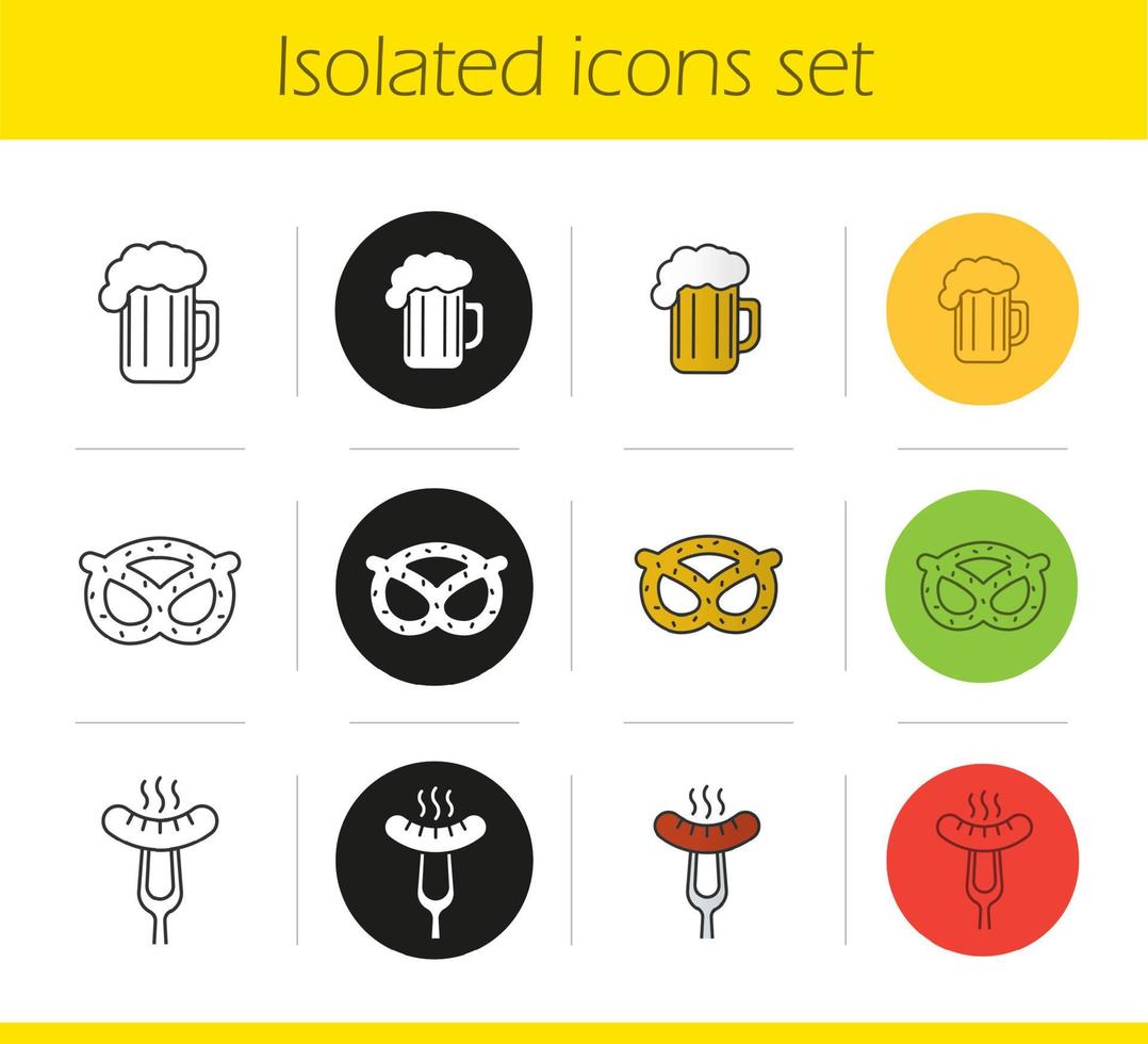 Beer snacks icons set. Linear, black and color styles. Steaming sausage on fork, brezel, foamy beer glass. Isolated vector illustrations