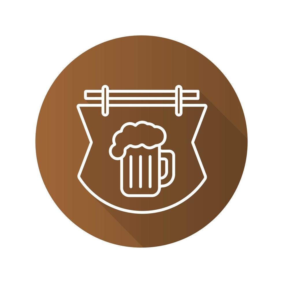 letrero de barra de madera. icono de plano lineal larga sombra. taberna. cartel de pub con vaso de cerveza espumosa. símbolo de línea vectorial vector
