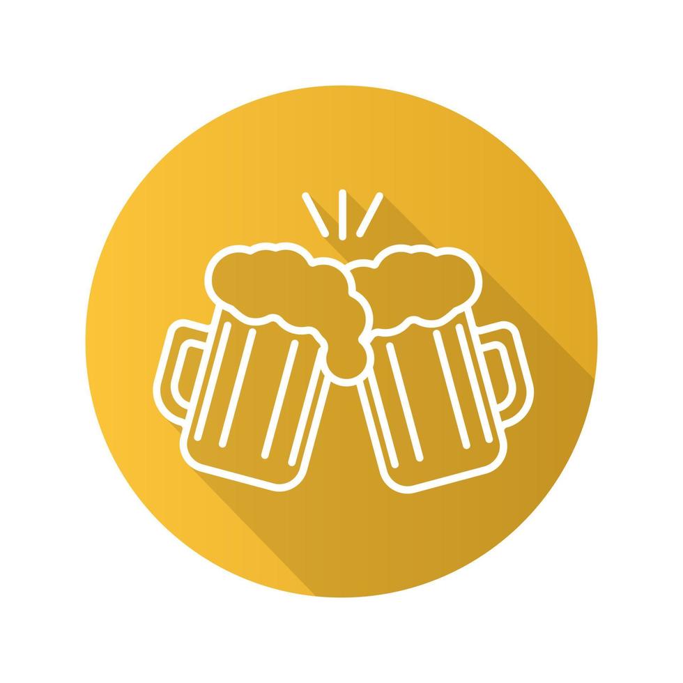 Toasting beer glasses. Flat linear long shadow icon. Cheers. Two foamy beer glasses. Vector line symbol