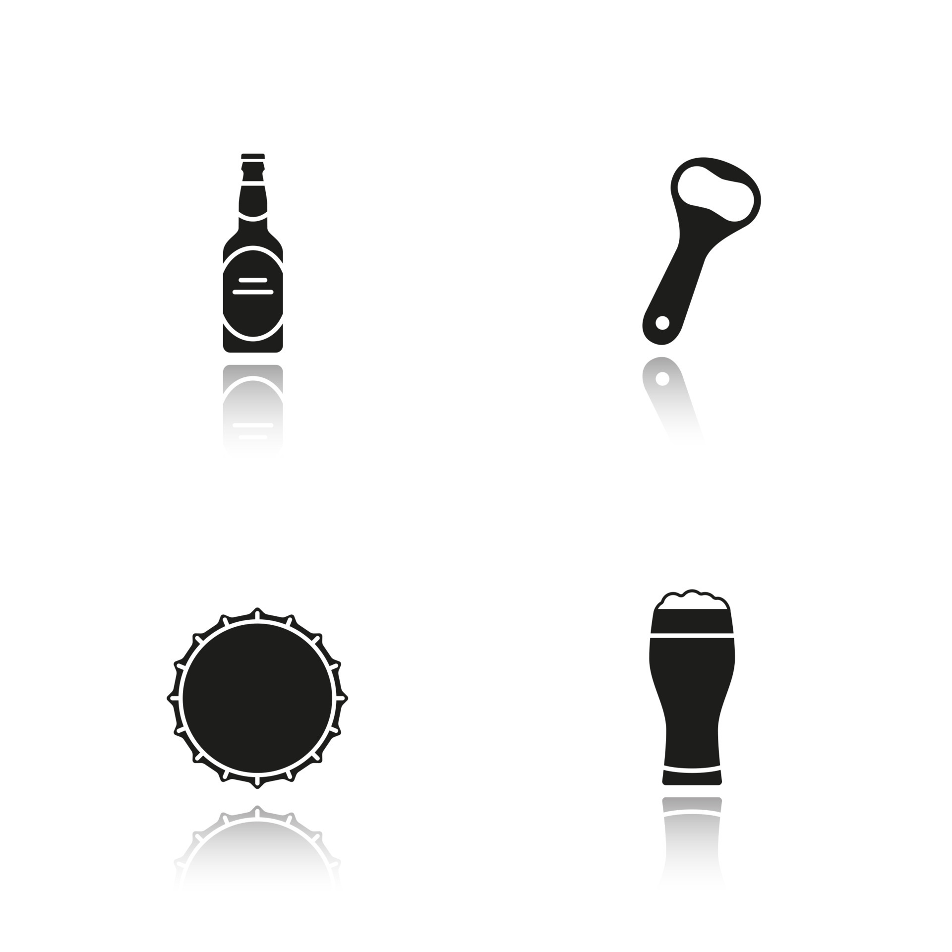 Beer drop shadow black icons set. Beer bottle, opener, cap and full