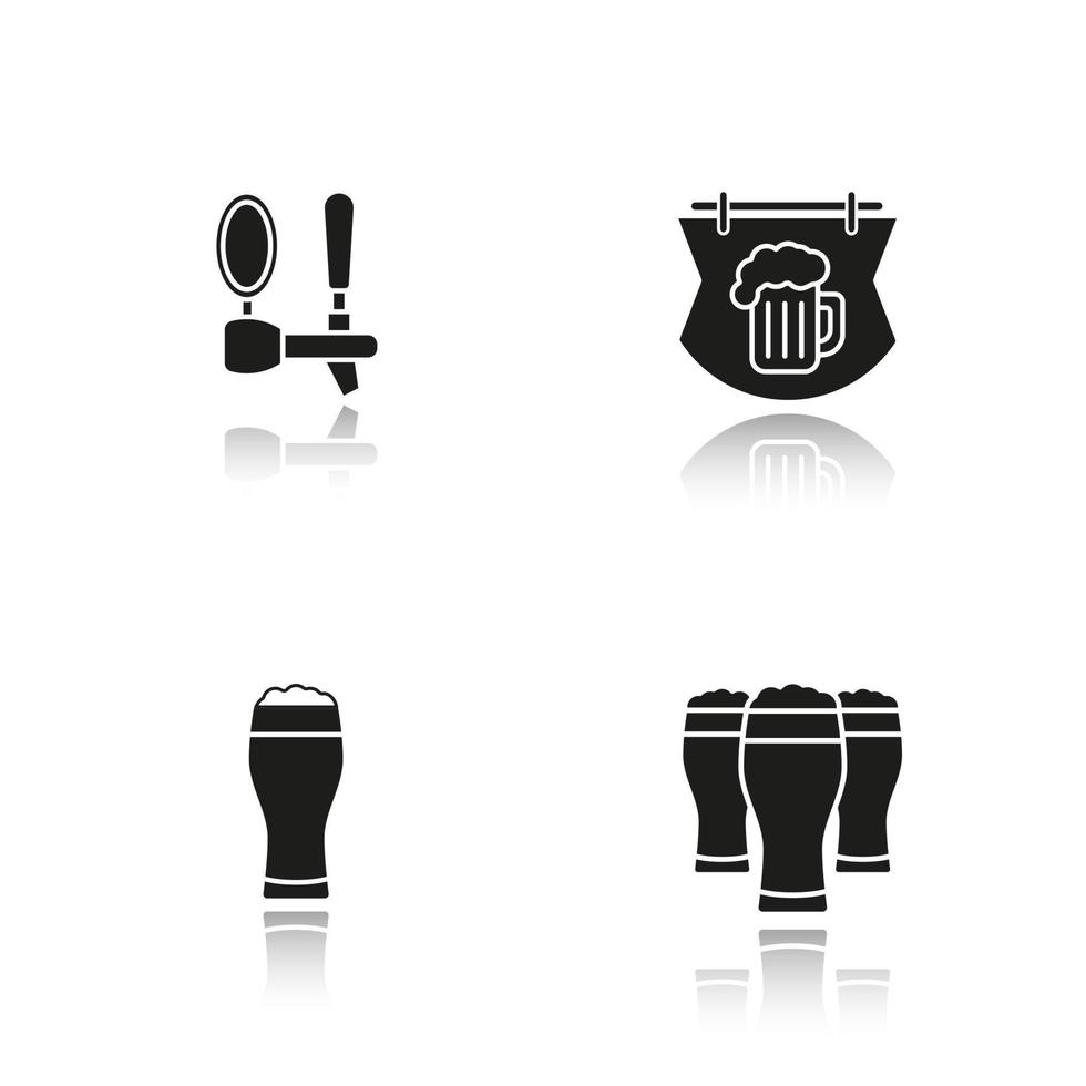 Beer pub drop shadow black icons set. Wooden bar signboard, foamy beer glasses and tap. Isolated vector illustrations