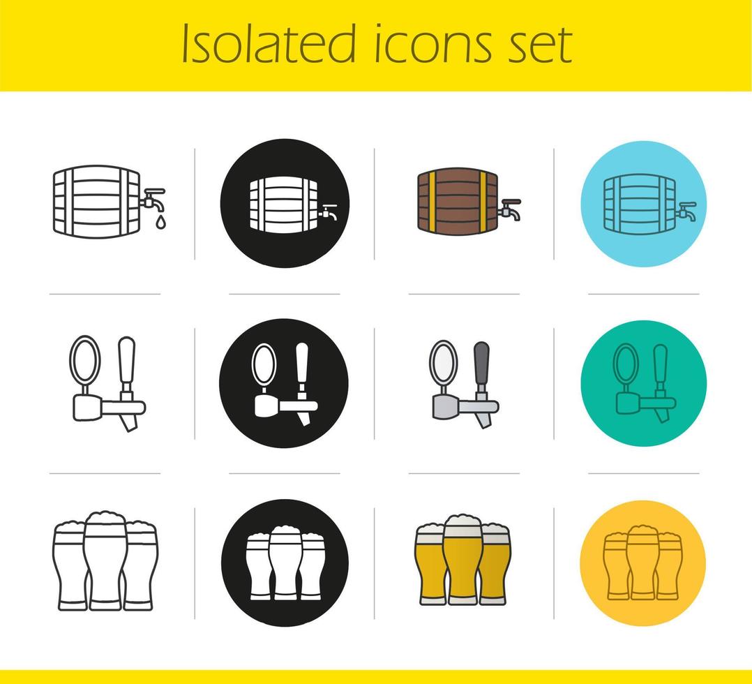 Beer icons set. Linear, black and color styles. Alcohol wooden barrel, beer tap and full foamy glasses. Isolated vector illustrations