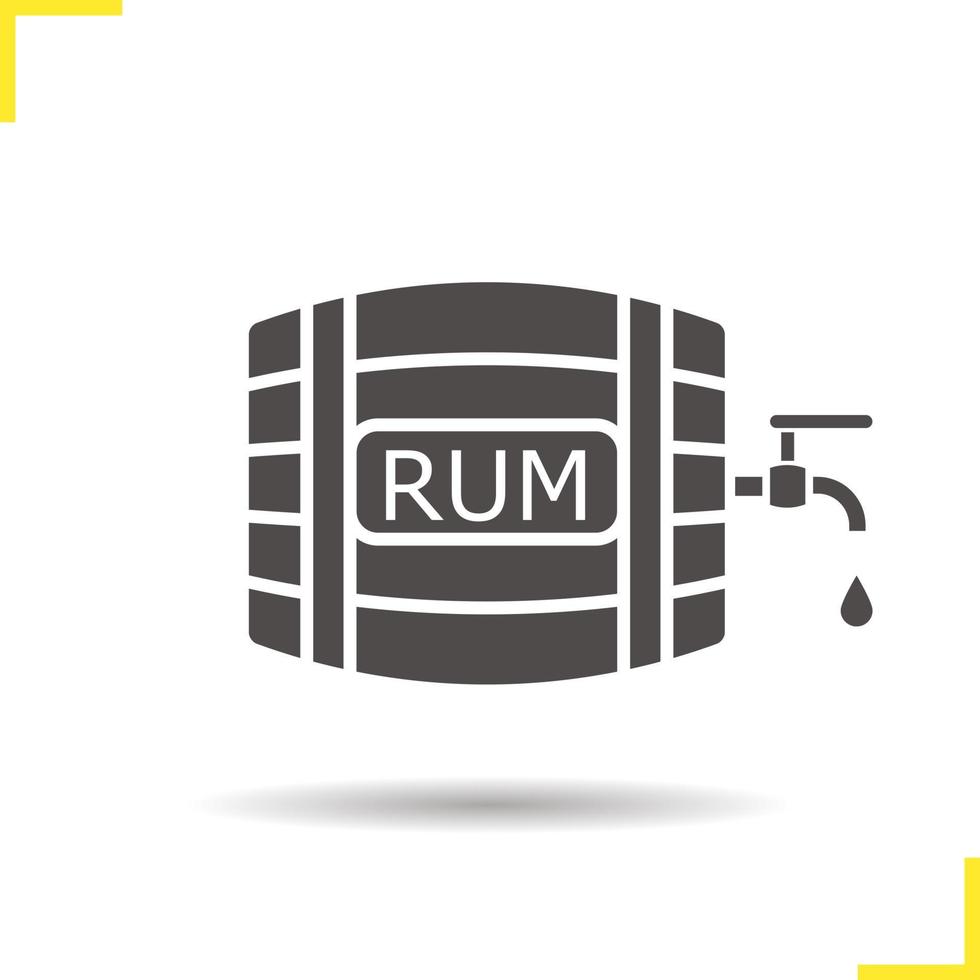 Rum wooden barrel glyph icon. Drop shadow silhouette symbol. Alcohol barrel with tap and drop. Negative space. Vector isolated illustration