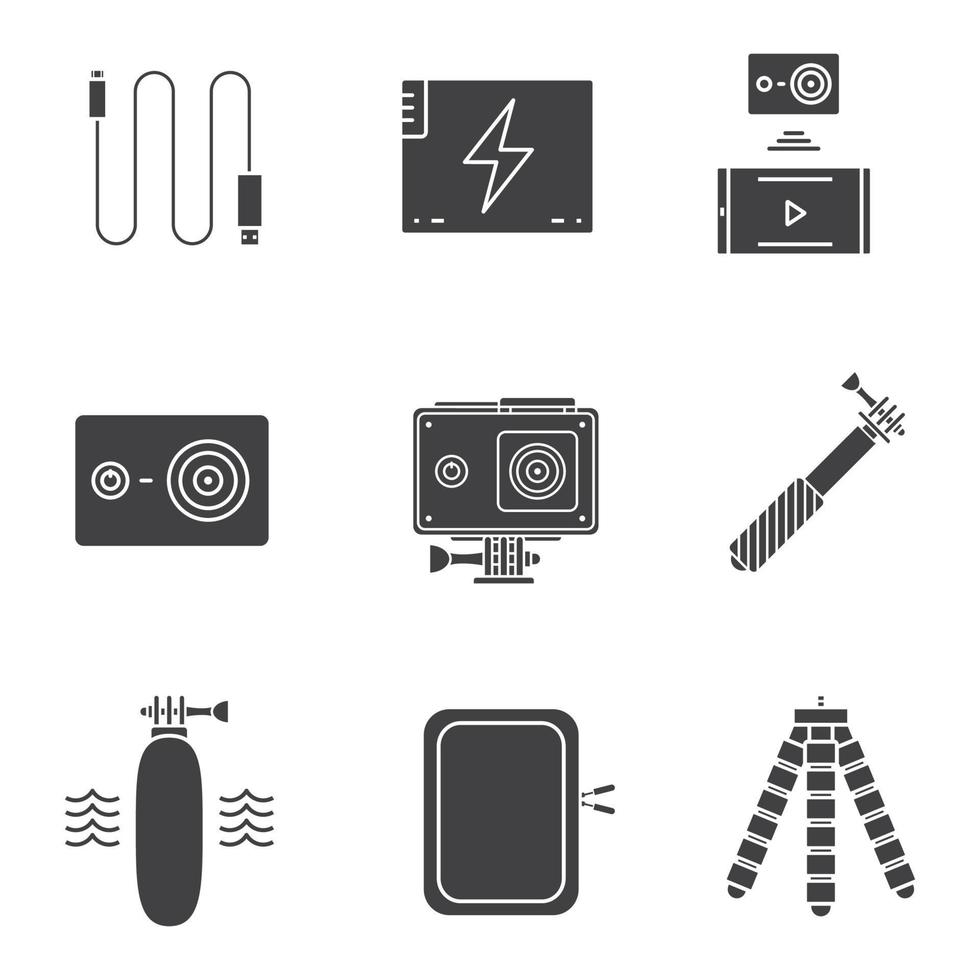 Action camera glyph icons set. Silhouette symbols. Sport cam, usb cable, battery, phone connection, waterproof case, selfie monopod stick, floating grip, box, tripod. Vector isolated illustration