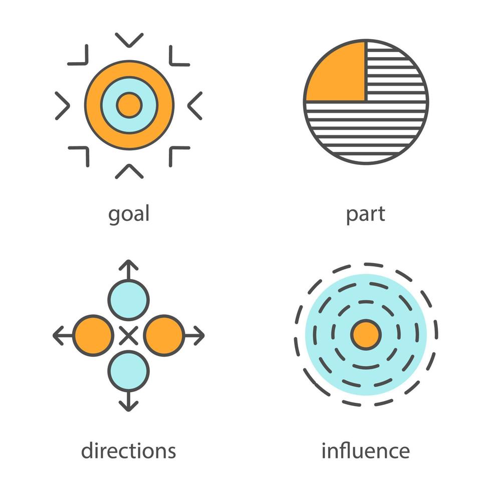 Abstract symbols color icons set. Goal, part, directions, influence. Isolated vector illustrations