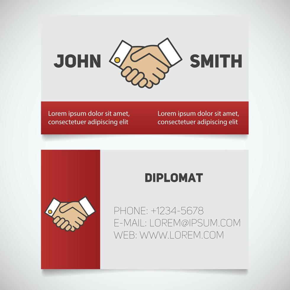 Business card print template with handshake logo. Manager. Negotiator. Stationery design concept. Vector illustration