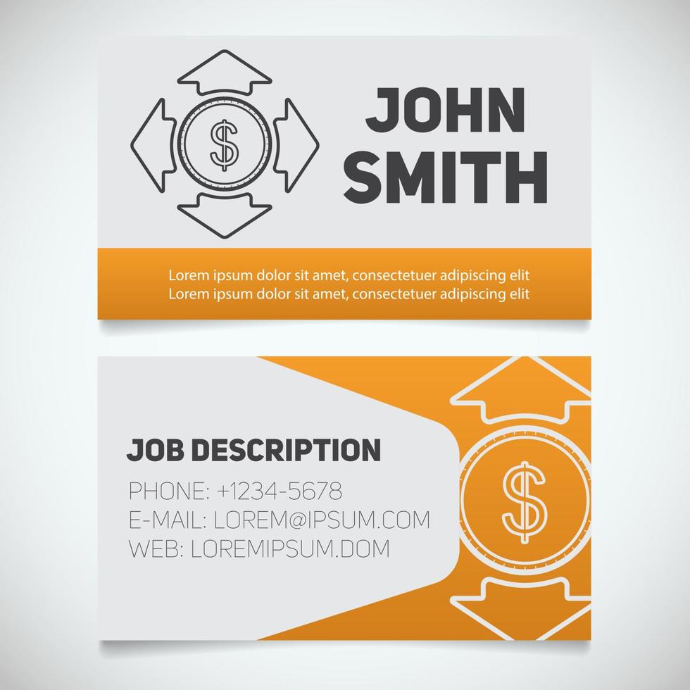 Business card print template with money spending logo. Manager. Accountant. Investor. Stationery design concept. Vector illustration