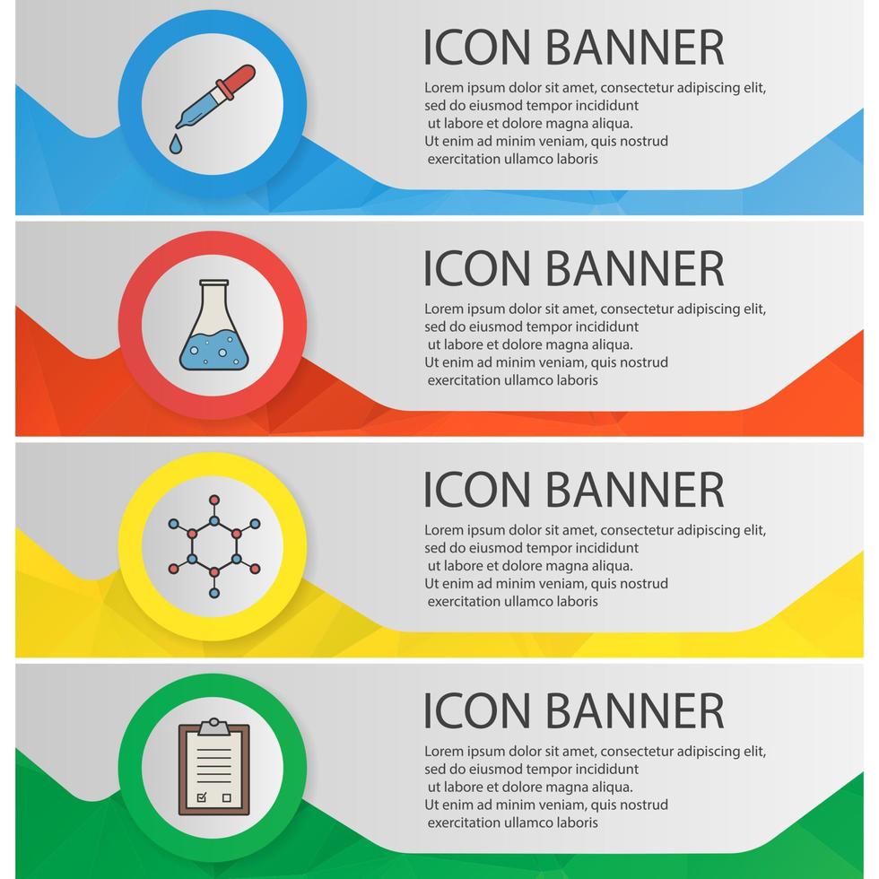 Chemical lab banner templates set. Pipette with drop, beaker with liquid, molecule structure, tests checklist website menu items. Color polygonal web banner concepts. Vector backgrounds