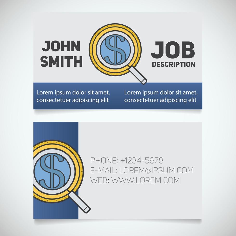 Business card print template with investors search logo. Manager. Businessman. Magnifying glass with dollar sign. Stationery design concept. Vector illustration