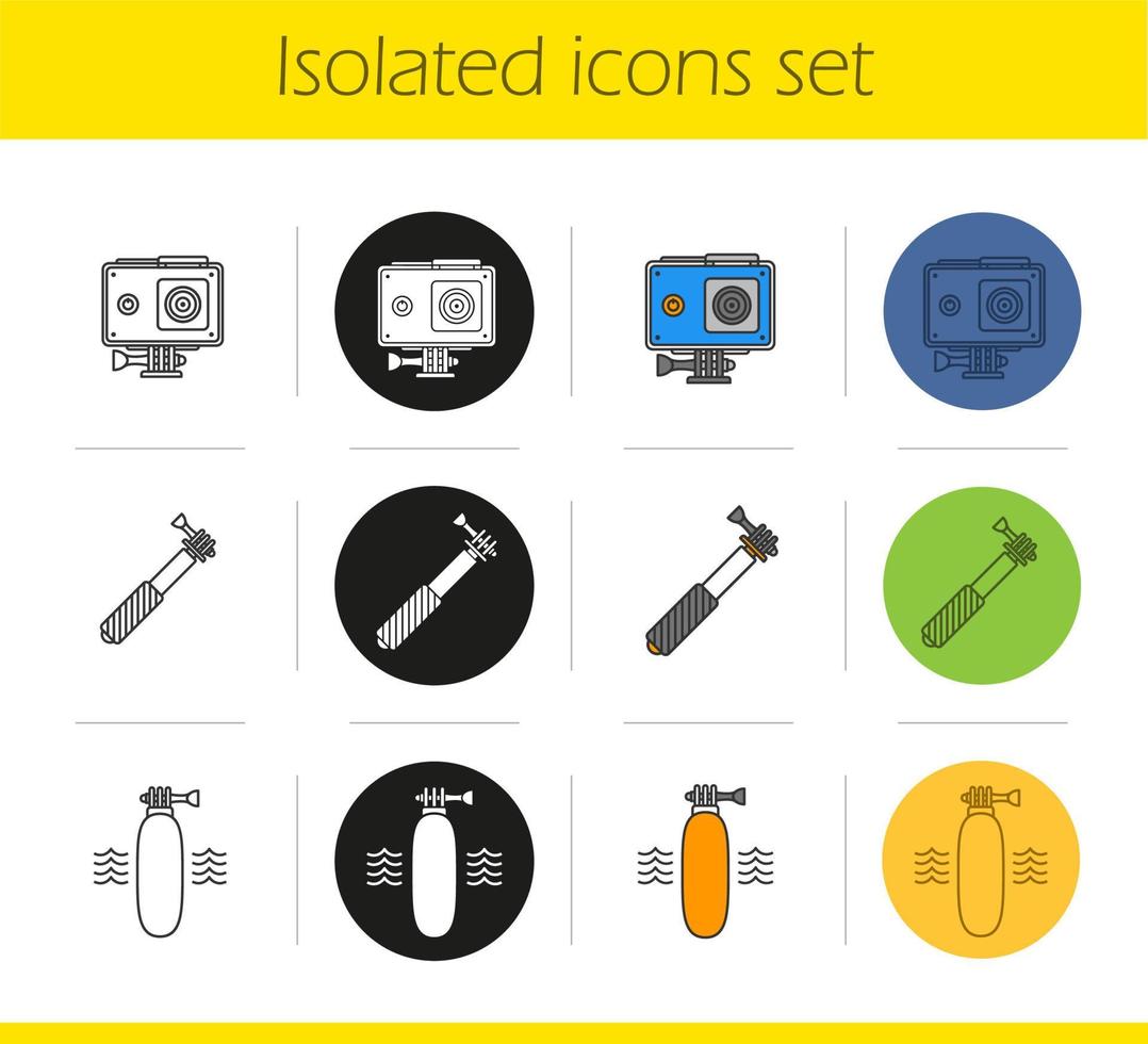 Action camera icons set. Linear, black and color styles. Floating grip, action cam in protection case, monopod. Isolated vector illustrations