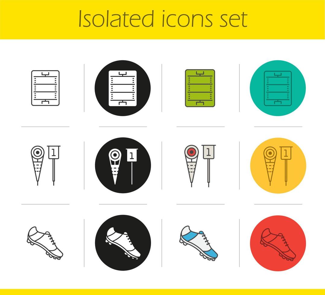 American football icons set. Linear, black and color styles. Player's shoe, sideline markers, field. Isolated vector illustrations