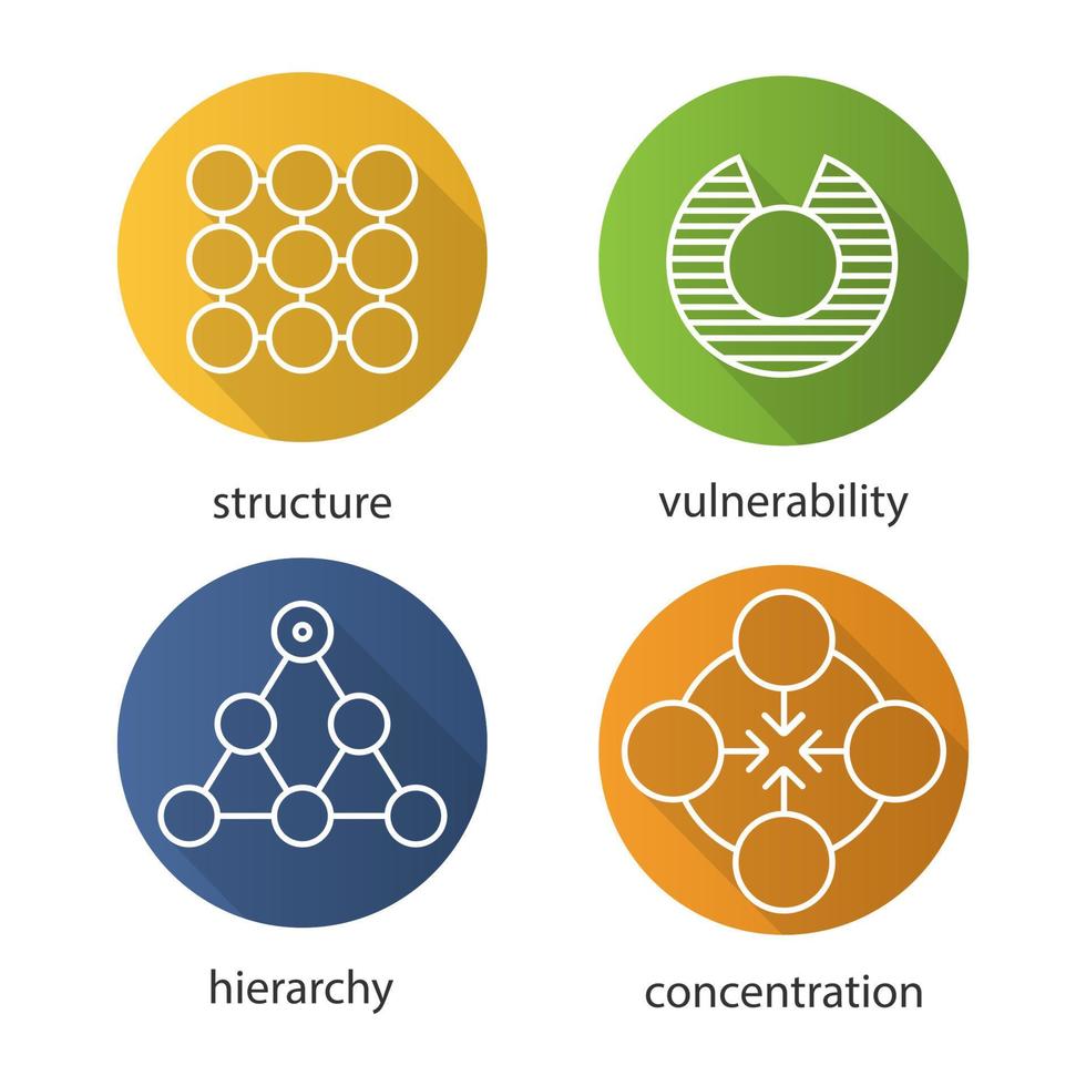 símbolos abstractos conjunto de iconos planos lineales de sombra larga. estructura, vulnerabilidad, jerarquía, concentración de conceptos. ilustración de línea vectorial vector