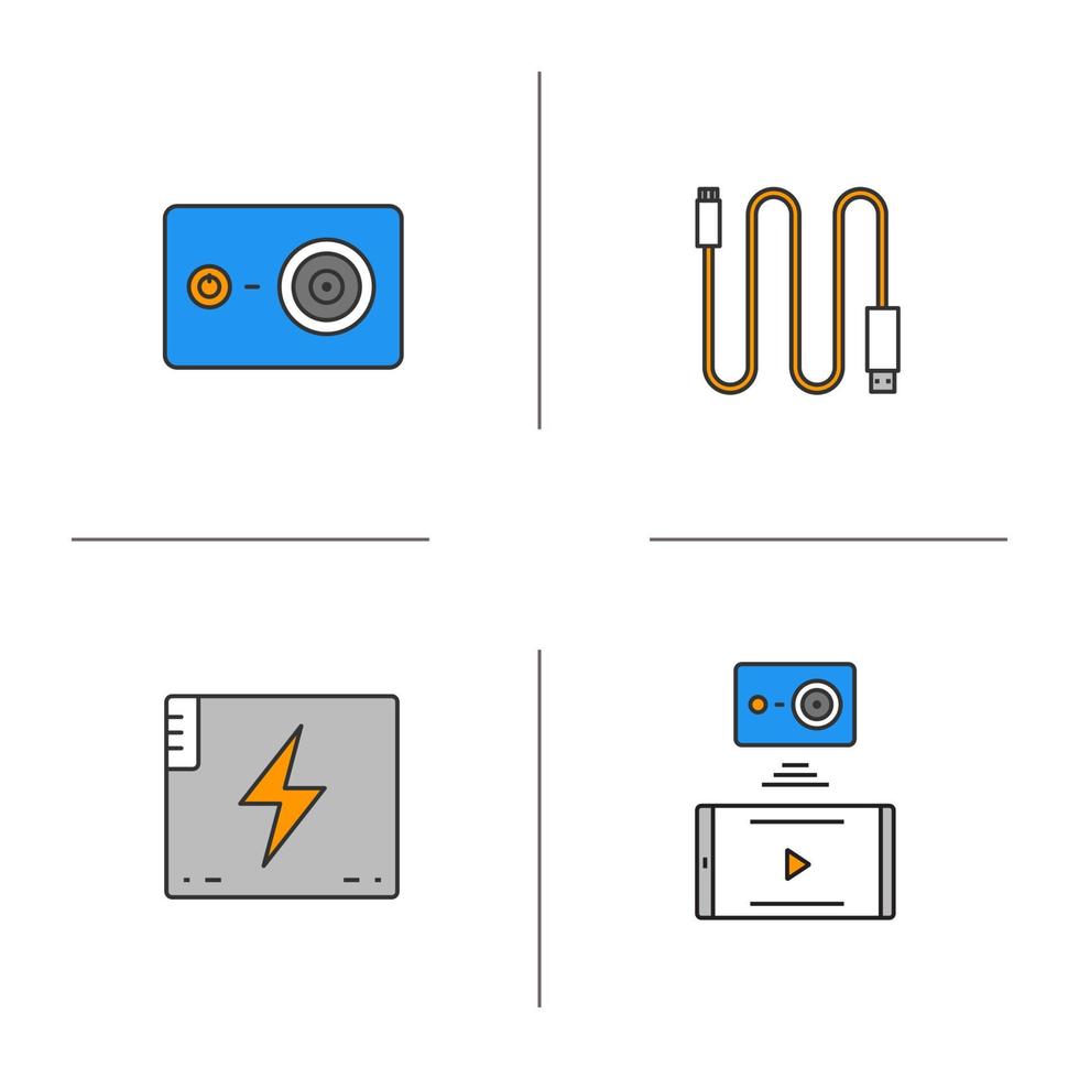 Action camera color icons set. Mini USB cable, battery, action camera to smartphone wireless connection. Isolated vector illustrations