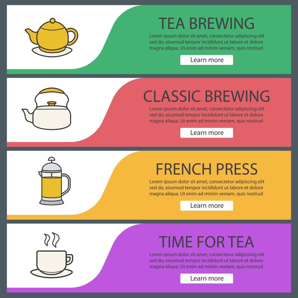 conjunto de plantillas de banner de té. tetera, prensa francesa, hervidor, taza humeante en un plato. elementos del menú del sitio web. banner web en color. conceptos de diseño de encabezados vectoriales vector