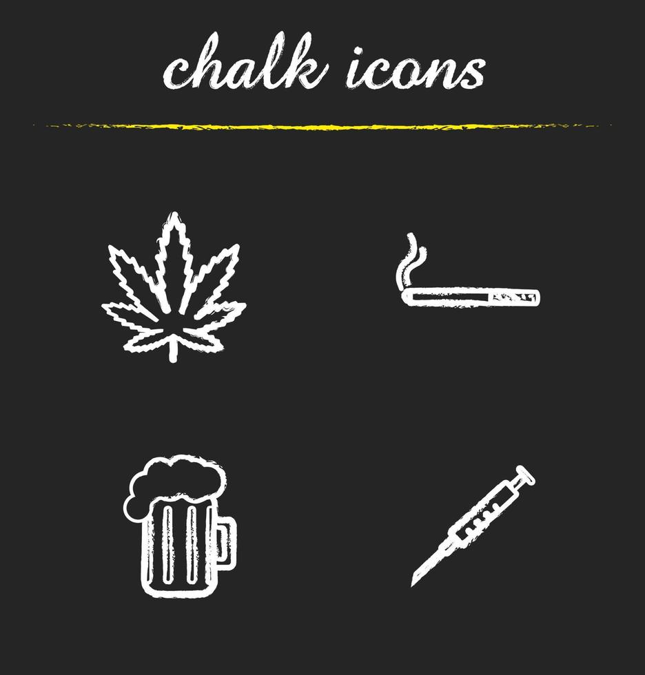 Conjunto de iconos de tiza de malos hábitos. hoja de marihuana, cigarrillo con humo, jeringa, vaso de cerveza espumoso. adicciones a las drogas, el tabaquismo y el alcohol. ilustraciones de pizarra vector aislado